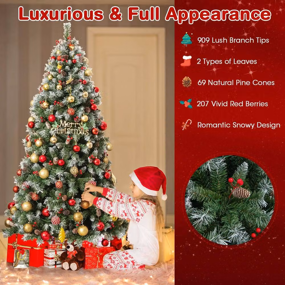 Costway 6.5ft Artificial Hinged Christmas Tree with 909 PVC Branch Tips in Green – 7