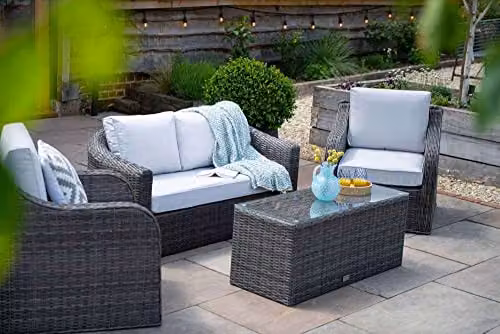 Primrose Living Classic Rattan 4 Seater Garden Furniture Set with 3 Seater Sofa, Lounge Armchair, Coffee Table and Cushions in Grey and Beige – 3
