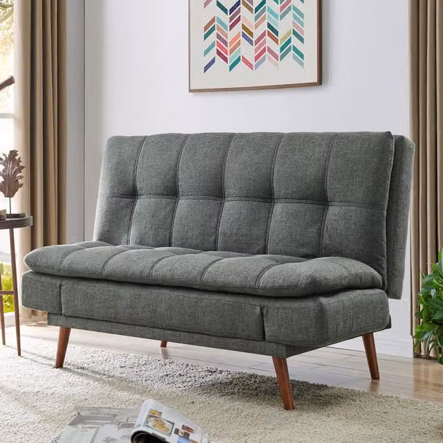 Declan 3 Seater Fabric Sofa Bed with Adjustable Headrest and Wooden Legs in Grey