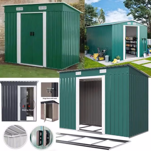 FLAVORA Green Metal Garden Shed with Pent Roof and Double Doors W/D/H: 100 x 15 x 15 cm