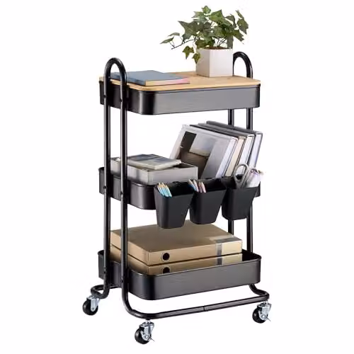 VonHaus 3 Tier Black Storage Trolley with Bamboo Shelves and Wheels, W/D/H: 79.5 x 46.0 x 36.0 cm – 1