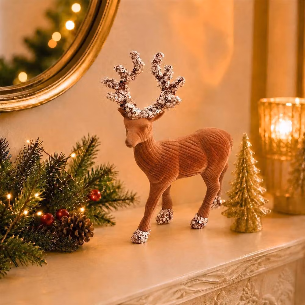 Shatchi Classic Brown Velvet Christmas Reindeer Figurine, Height: 20 cm – 2