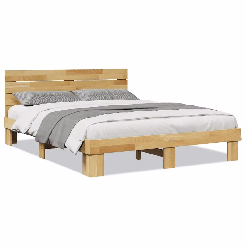 Berkfield Home Solid Wood Oak Bed Frame with Headboard in Brown, W: 135 cm, L: 190 cm – 2