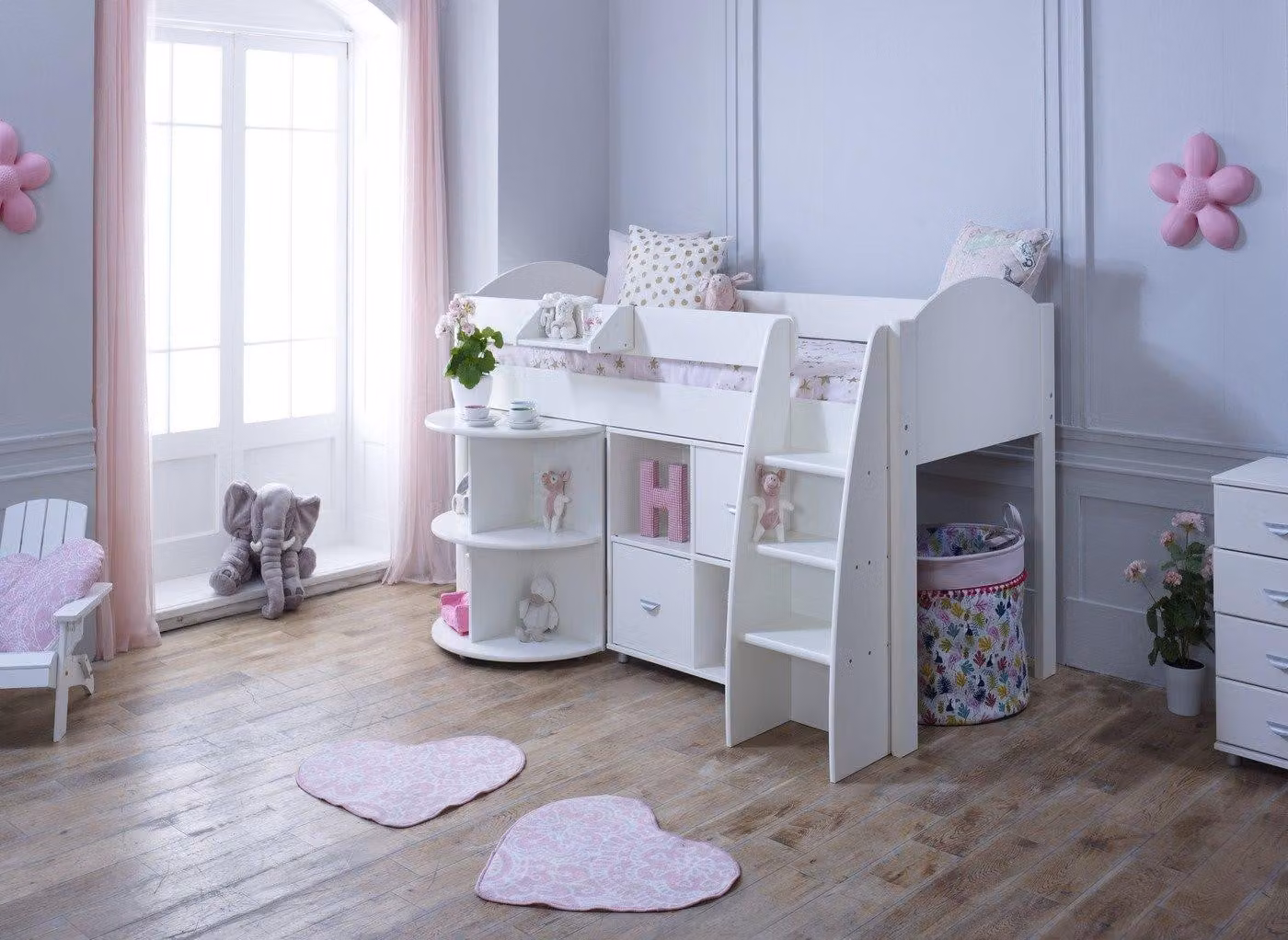 Dreams Milly Kids Mid Sleeper Bed with Storage and Desk in White Lacquered Solid Wood