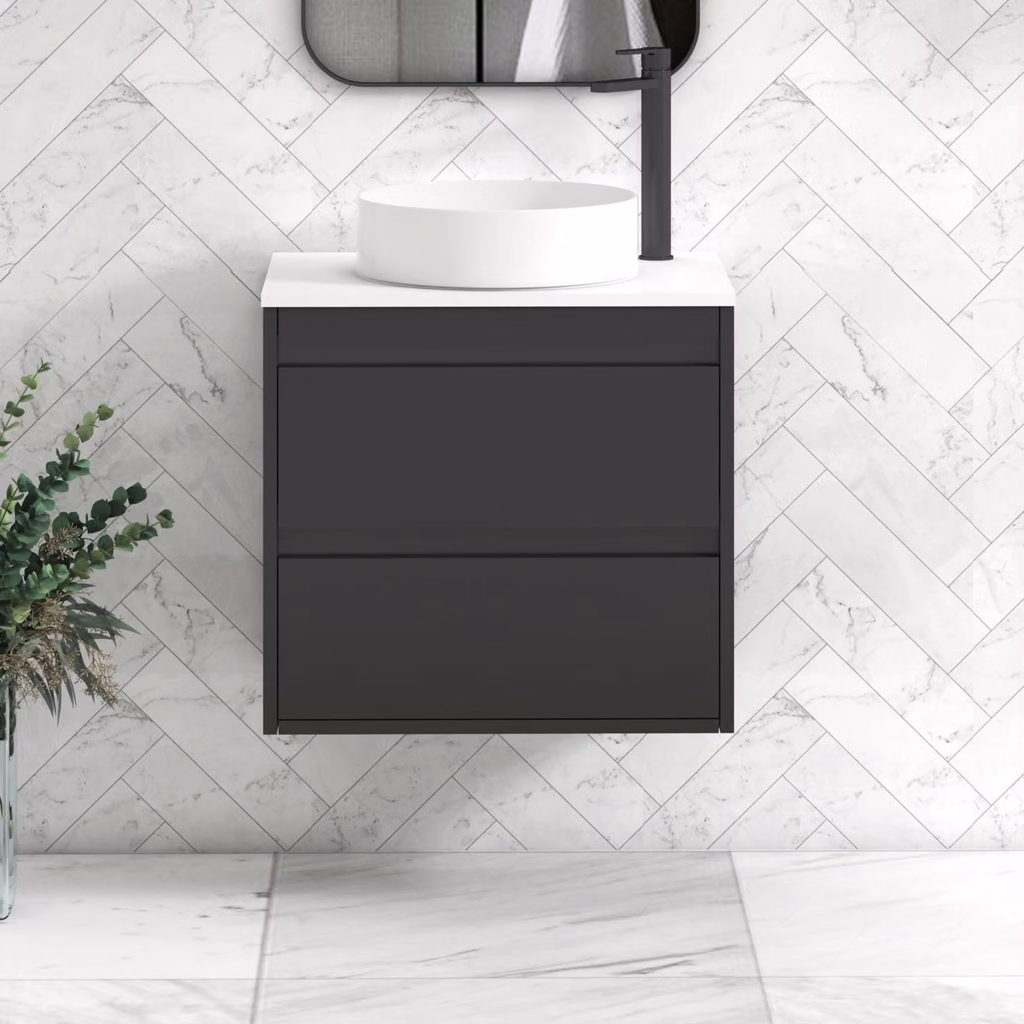Royal Bathrooms Orion 600mm Matt Obsidian Black Wall Hung 2 Drawer Vanity Unit with White Art Basin and Black Accent Trim