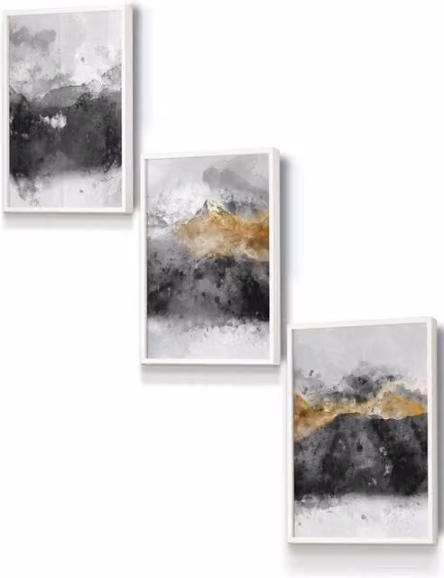 ARTZE Abstract Grey, Yellow and Black Mountain Landscape Framed Wall Art in White, W: 33 cm, H: 45 cm, D: 0.2 cm