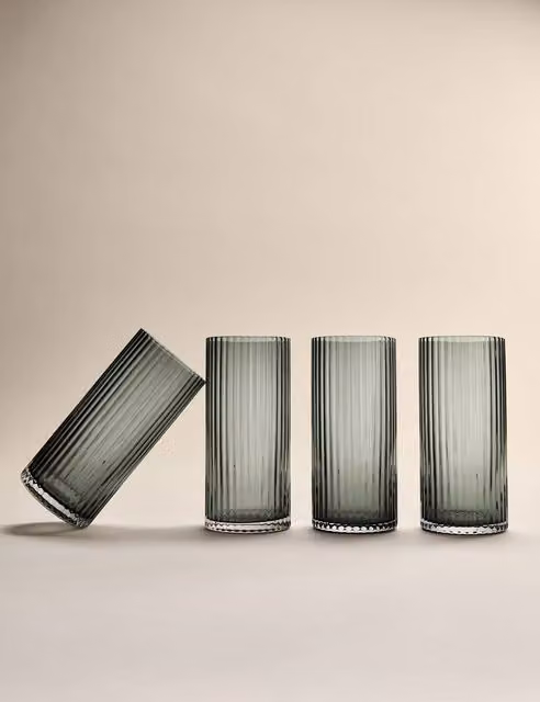 M&S Set of 4 Celine Ribbed Dark Grey Glass Hi Ball Tumblers