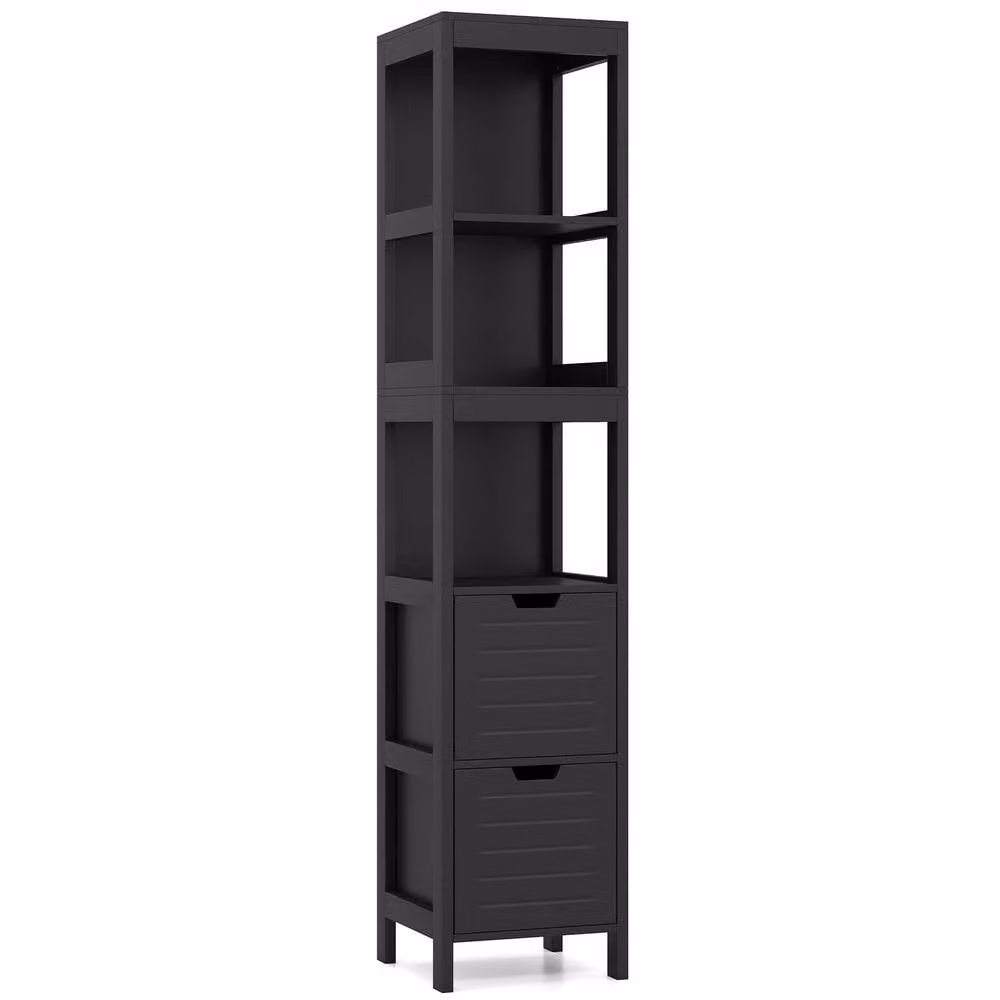 Costway Black Narrow Freestanding Bathroom Storage Cabinet with 2 Drawers and 3 Shelves – 8