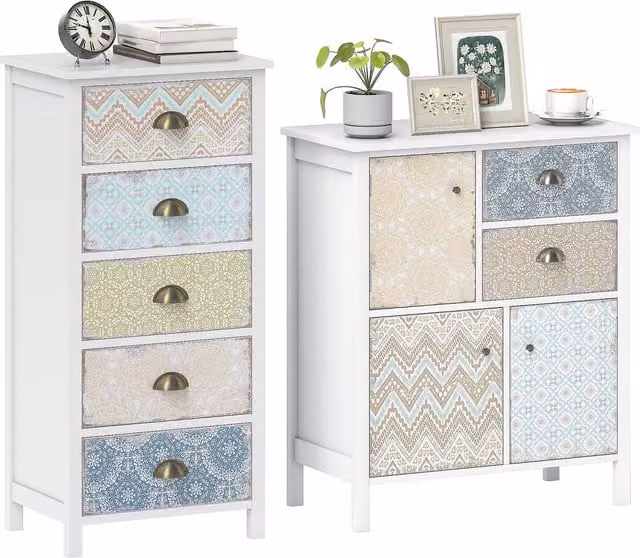 HOMCOM Shabby Chic White and Bronze 5-Drawer Chest of Drawers and Sideboard Cabinet