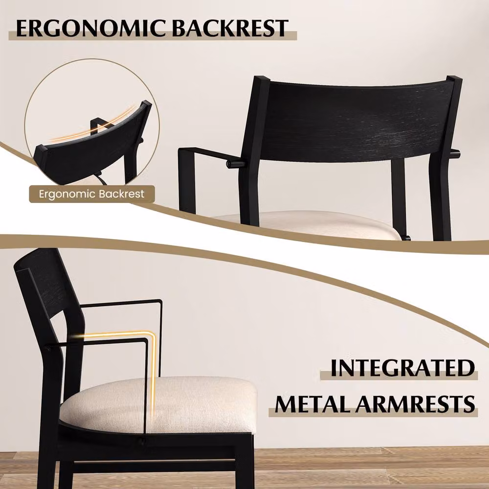 Gymax Set of 2 Modern Dining Chairs with Armrests in Brown Fabric and Black Metal/Rubberwood Frame – 5