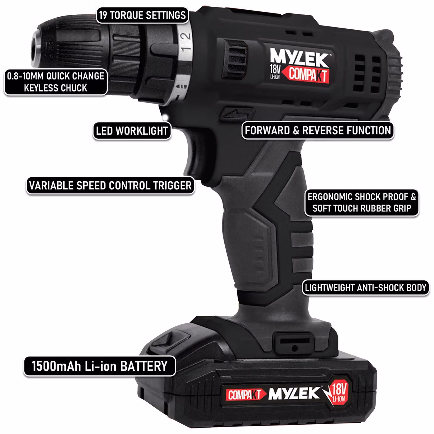 MYLEK MYW09 Cordless Drill in Black with 128-Piece Accessory Kit – 2
