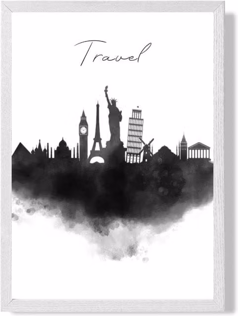 ARTZE Travel Watercolour Skyline City Framed Print, Black and White Illustration, A3