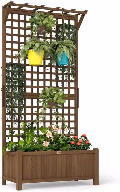 Kelvenix Brown Wooden Raised Bed Planter with Trellis for Climbing Plants, W/D/H: 183 x 90 x 45 cm