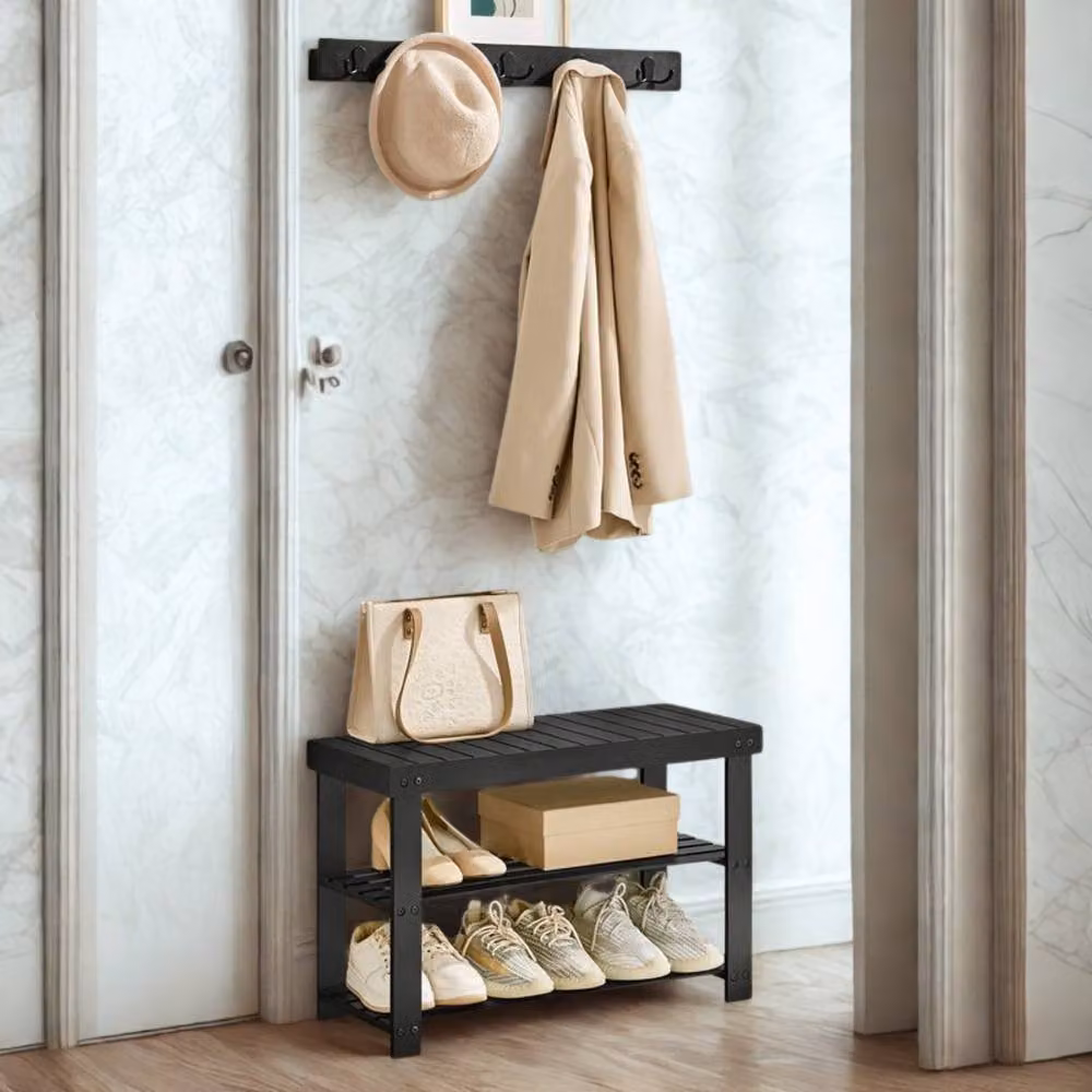 Pirlo Plush 3 Tier Bamboo Hall Tree with Shoe Bench and Coat Hooks, Black, H 136 x W 70.1 x D 45.3 cm – 2