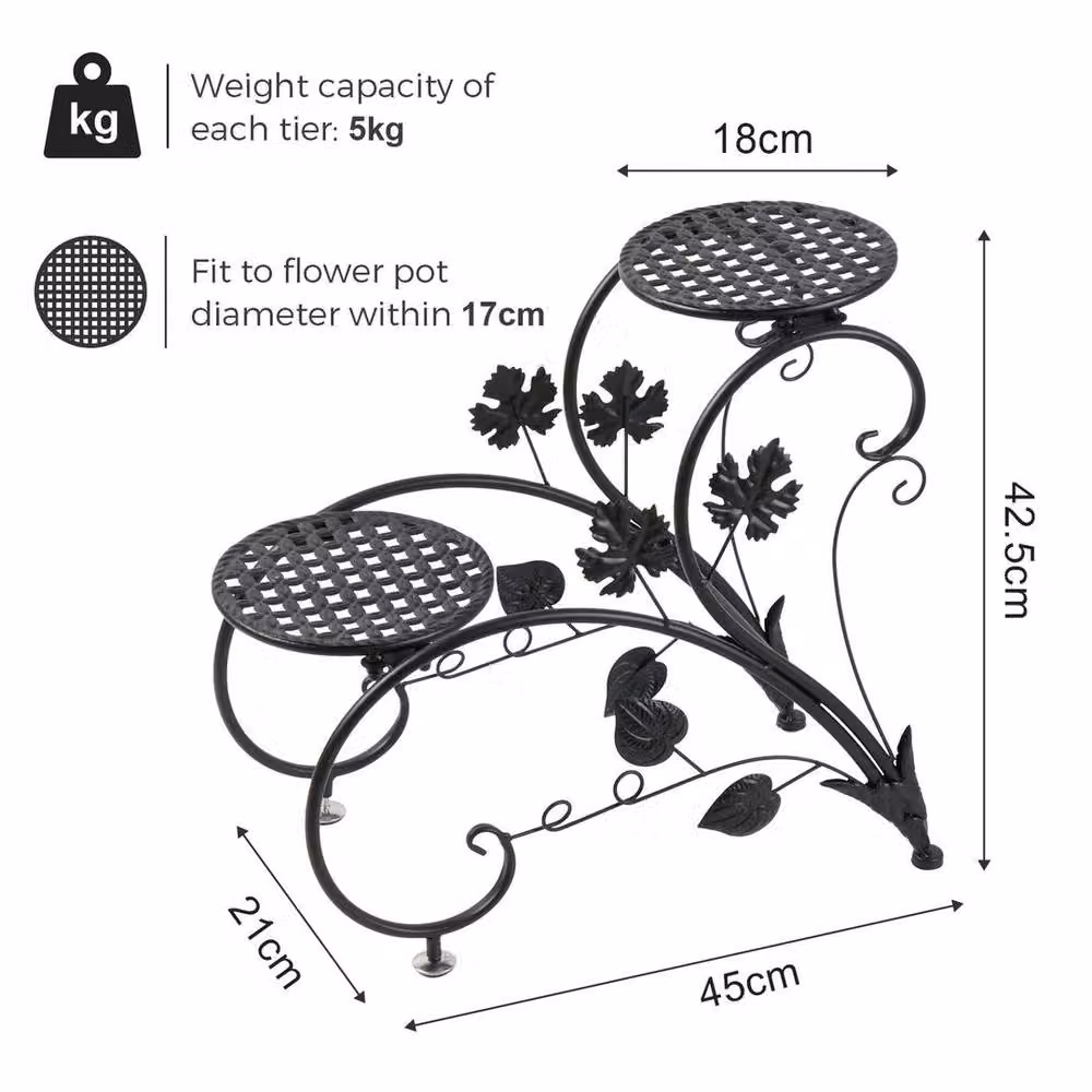 KORVIXA Set of 2 Black Metal Round Potted Plant Stands, H 45.0 x W 42.5 x D 21.0 cm – 2