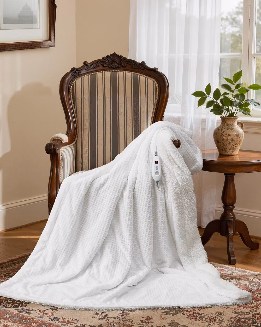 London Boutique Dual-Sided Flannel Electric Heated Blanket in White with 6 Heat Levels and 10h Auto-Off – 2