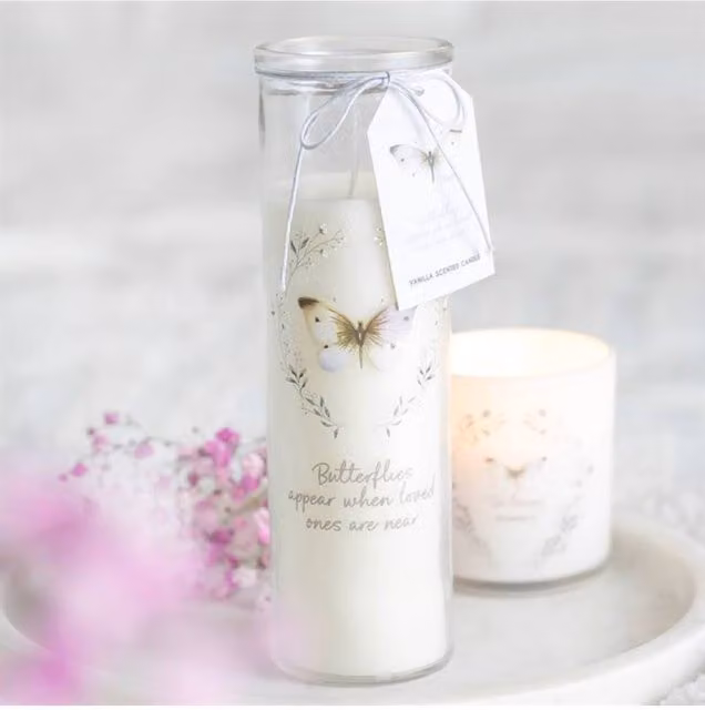 KDMD Butterflies Appear Vanilla Votive Candle in White