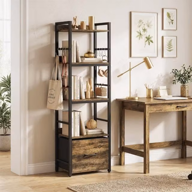 HOMCOM 4-Tier Rustic Brown Wood Bookshelf with Drawer and 8 Hooks