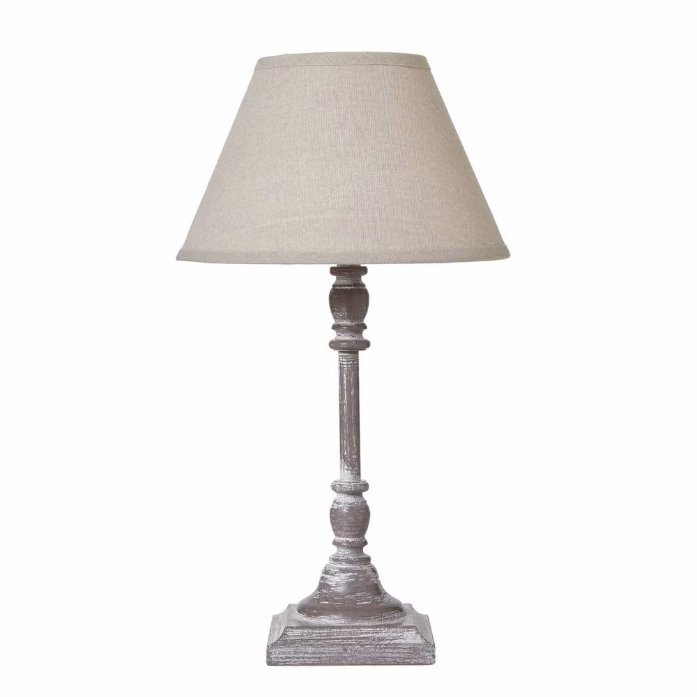 Wyld Haus Arbori Grey Washed Wood Pillar Table Lamp with Beige Fabric Shade – 2