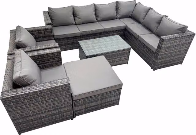 Fimous 9-Seater L-Shaped Rattan Patio Sofa Set in Dark Grey with Coffee Table and Ottoman