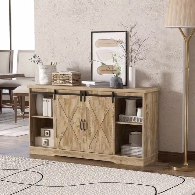 Kelvenix Rustic Oak Wood TV Stand and Entertainment Center in Brown with Media Compartments and Grommet for Living Rooms