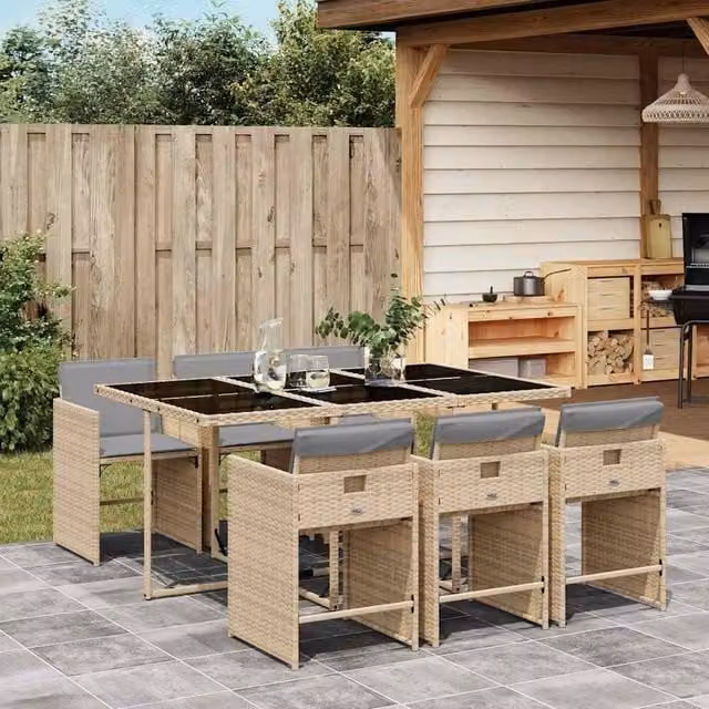 Berkfield Home Modern Polyrattan Garden Dining Set with Glass Top in Beige and Grey – 1