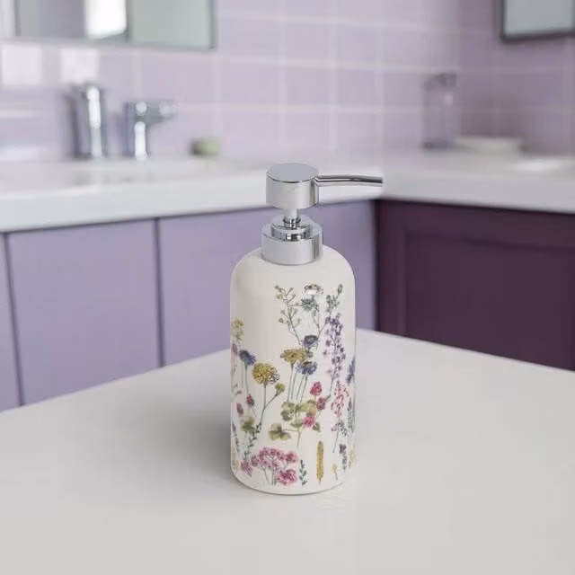 Showerdrape Meadow Wild Flowers Floral Ceramic Liquid Soap Dispenser in White