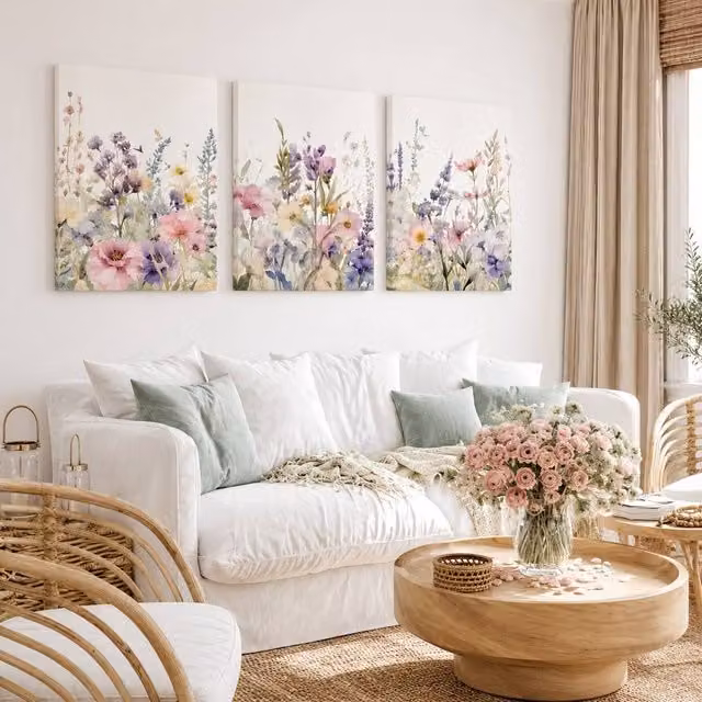 Mafett Set of 3 Modern Floral Canvas Wall Art, Multicolour Pink, Green and White Botanical Illustration, W: 61.0 cm, H: 81.3 cm