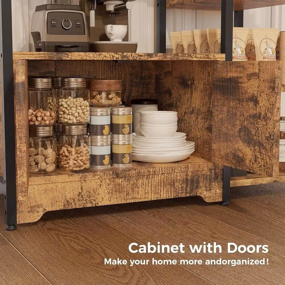 VOGREX Mini Coffee Bar Cabinet Rustic Brown Wood and Metal Storage Sideboard with Doors – 3