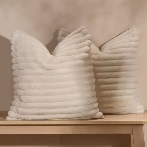 OHS Pack of 2 Ribbed Faux Fur Square Cushion Covers in Beige, W/D/H: 45 x 45 x 45 cm – 1