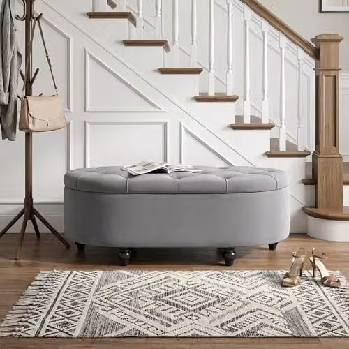 HOMCOM Semi-Circle Velvet Upholstered Ottoman Storage Bench in Grey, W/D/H: 120 x 46 x 42 cm – 9