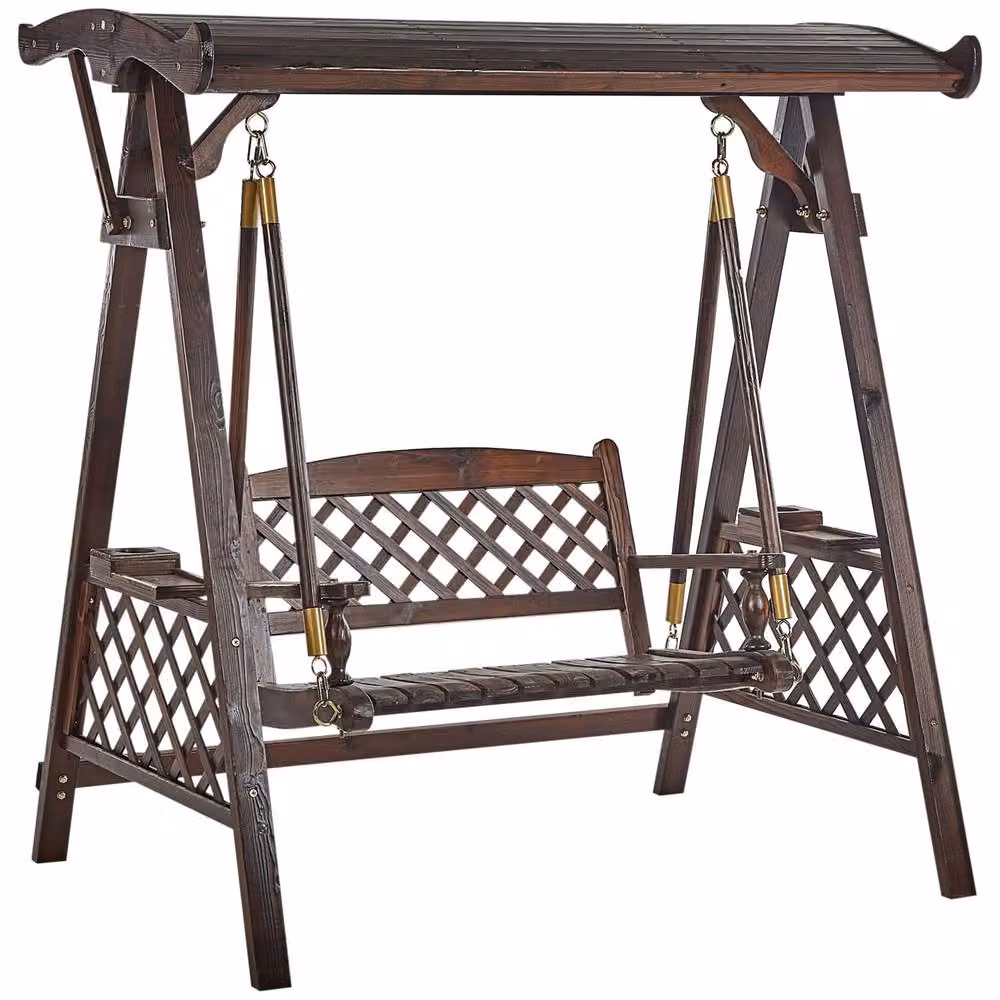 Wyld and Coco 2-Seater Spruce Wood Garden Swing Canopy with Sun Canopy and Side Tray in Rustic Brown – 2
