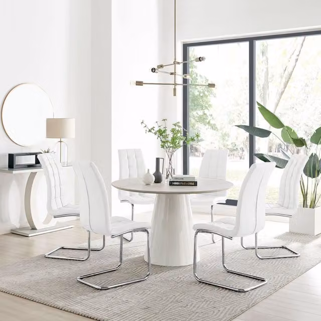 FurnitureboxUK Palma Beige Stone Effect Round Dining Table and 6 Murano Chairs in White