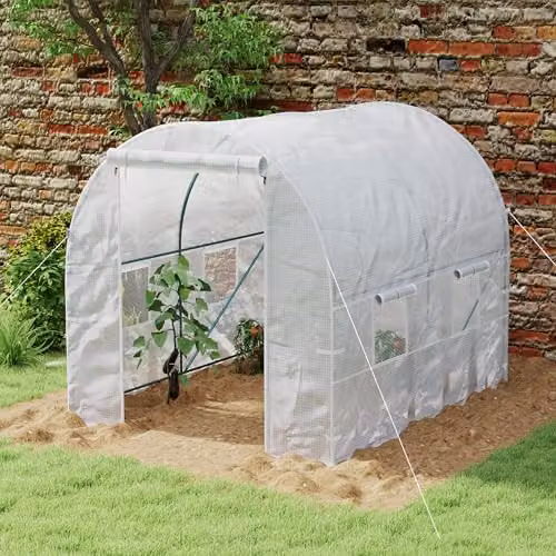 Outsunny White Reinforced Walk In Polytunnel Greenhouse with Galvanised Steel Frame and Roll Up Door, W: 2 m, D: 2.5 m – 2