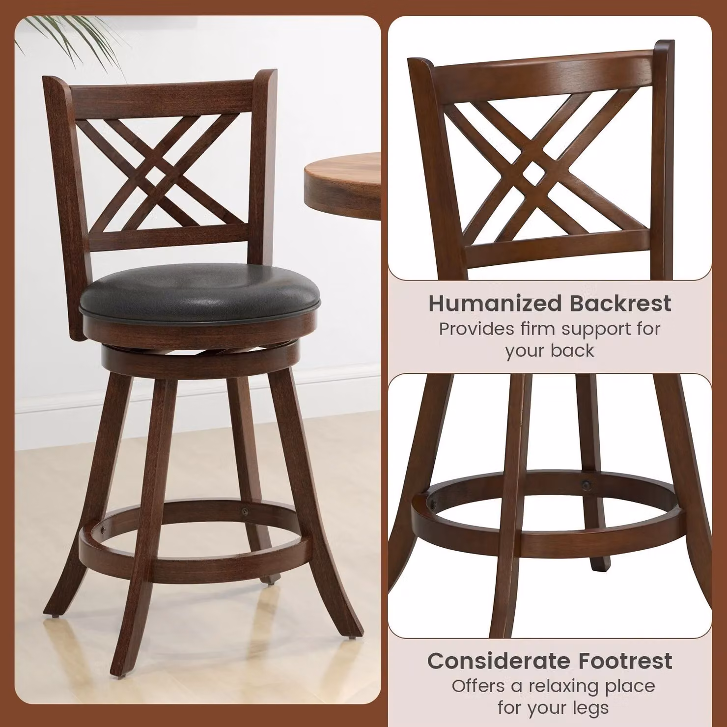 Costway Set of 2 Brown Upholstered Swivel Bar Stools with 360 Degree Rotation and Rubberwood Frame – 4