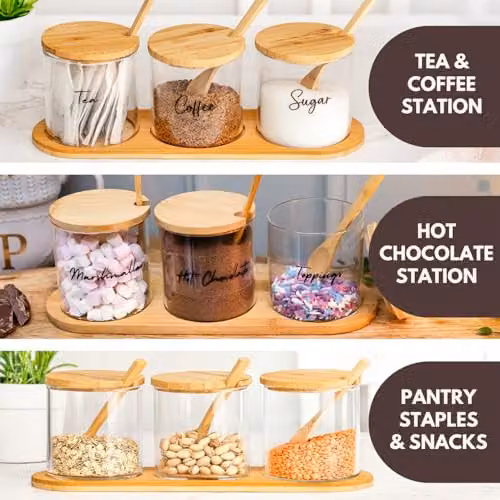 Marco Paul Interiors Glass Storage Jars Set of 3 with Bamboo Lids, Wooden Spoons and Stand, Transparent Kitchen Canister Set for Tea, Coffee and Sugar – 2