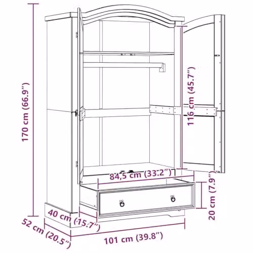 vidaXL CORONA White Solid Pine Wood Wardrobe with Integrated Drawers W/D/H: 101 x 52 x 170 cm – 3