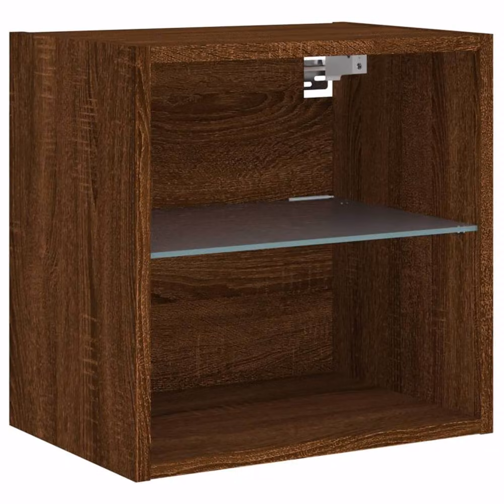 Berkfield Home Set of 2 Modern Wall-Mounted Bedside Cabinets with LED Lighting and Glass Doors, Brown, W/D/H: 40 x 28.5 x 28.5 cm – 5