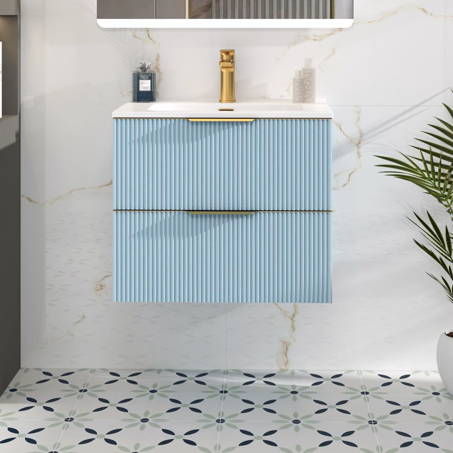 Royal Bathrooms Evora 700mm Powder Blue Fluted Wall Hung Vanity Unit with 2 Drawers, Ceramic Basin and Brushed Brass Handles