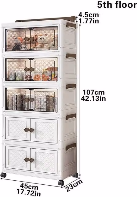 KORVIXA 5-Tier Stackable Foldable Closet Storage Box with Wheels in White