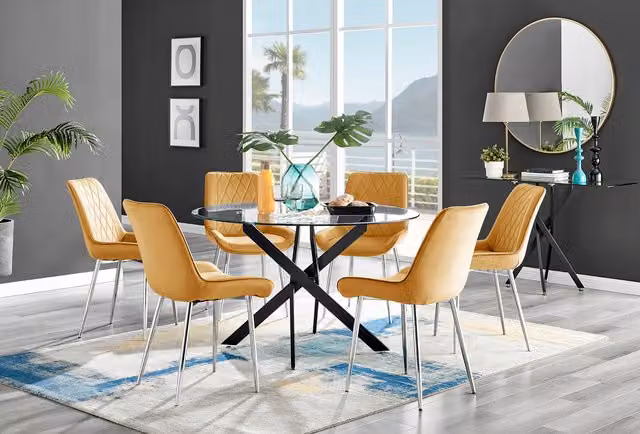FurnitureboxUK Novara Round Glass Dining Table with 6 Pesaro Silver and Mustard Chairs, Diameter: 120 cm