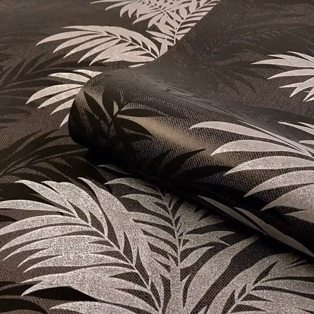 Belgravia Decor Aria Fern Glitter Metallic Botanical Floral Wallpaper in Black and Silver