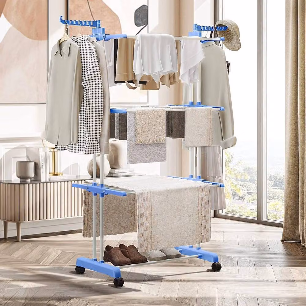 KORVIXA 4 Tier Foldable Clothes Drying Rack in Blue with Wheels and Hooks – 2