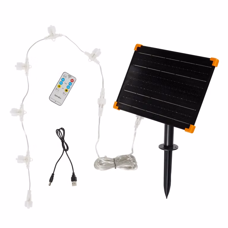 Lights4fun XX Series Solar Panel Kit for Single Colour LED Lights with Remote, 5 Port T Bar Connector and Charging Cable in Black