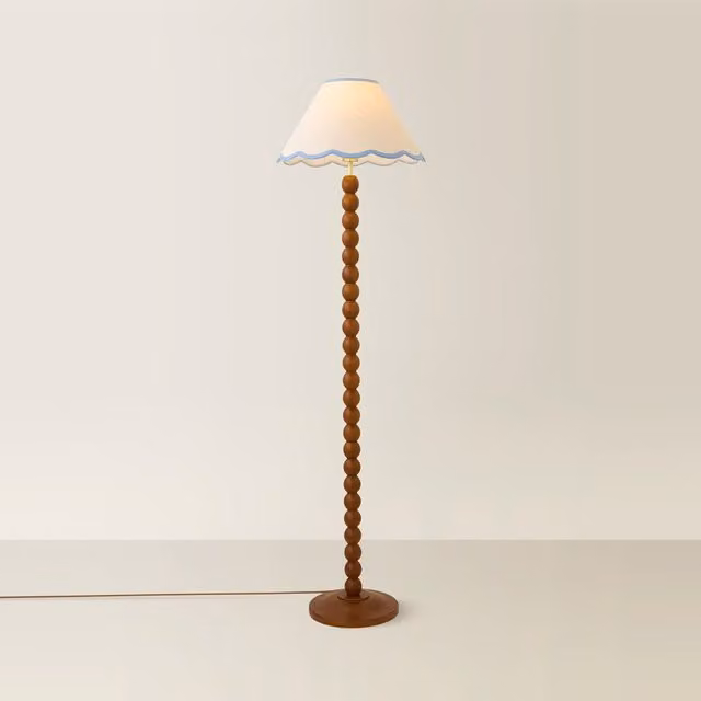 Bobbin Colour Trim Linen Bobble Floor Lamp in Walnut and Blue