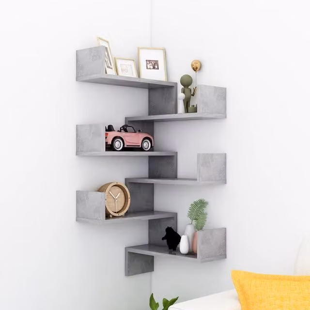 Berkfield Home Wall Mounted Corner Shelf Set of 2, Concrete Grey, W/D/H: 40 x 40 x 50 cm