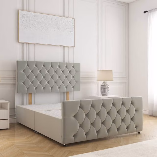 BSSPOKE Maya Plush Velvet Divan Bed with 24 inch Headboard in Silver, King Size (W/D/H: 180 x 200 cm)