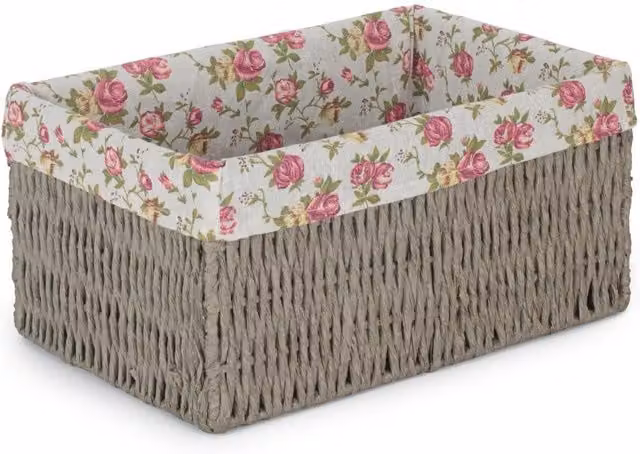 Red Hamper Paper Rope Storage Basket with Grey Garden Rose Cotton Lining, W/D/H: 34.0 x 24.0 x 47.0 cm