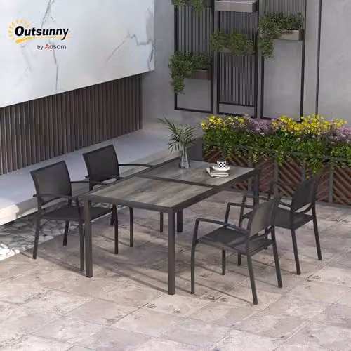 Outsunny 5 Piece Grey Metal Garden Dining Set with Stackable Armchairs – 2
