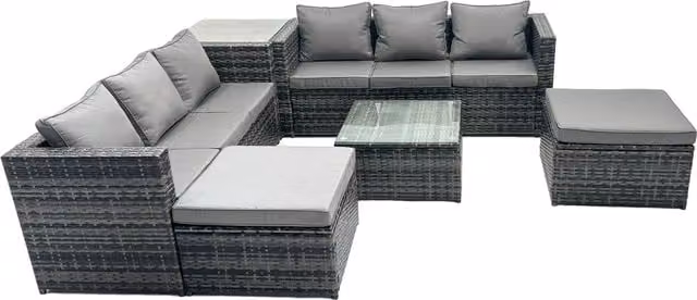Fimous 8 Seater Patio Lounge Sofa Set with Side Table and 2 Big Footstools in Dark Grey